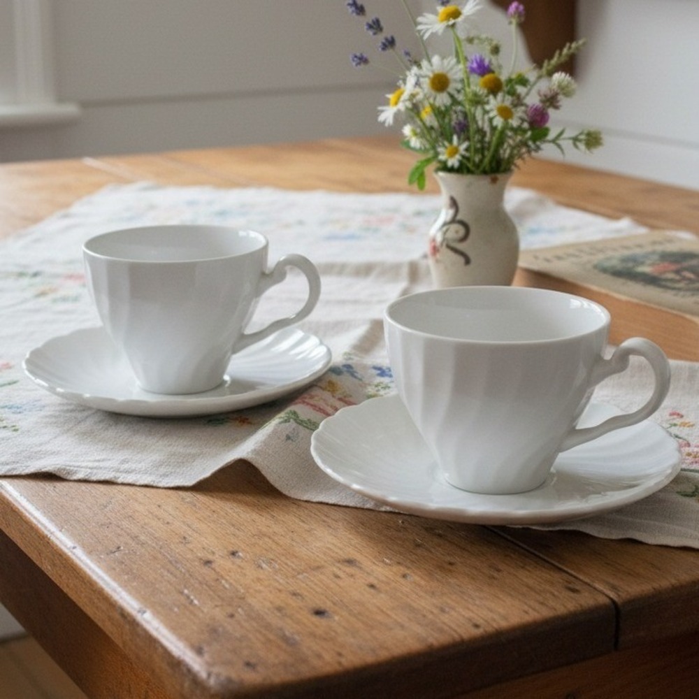 Johnson Bros REGENCY Swirl 2 Tea Coffee Cups and Saucers England Snowhite *
